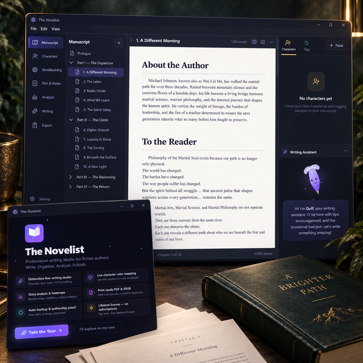 The Novelist author studio showing a manuscript editor, chapter tools, character panel, writing assistant, and finished book